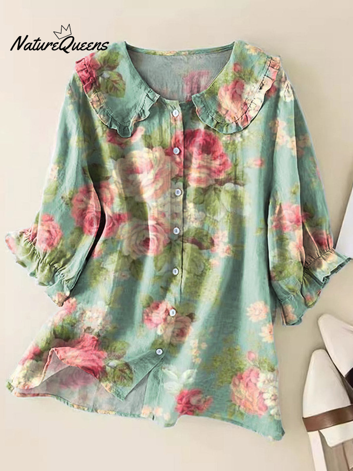 Women's Lovely Floral Art Print Casual Peter Pan Collar Cotton Shirt