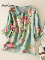 Women's Lovely Floral Art Print Casual Peter Pan Collar Cotton Shirt