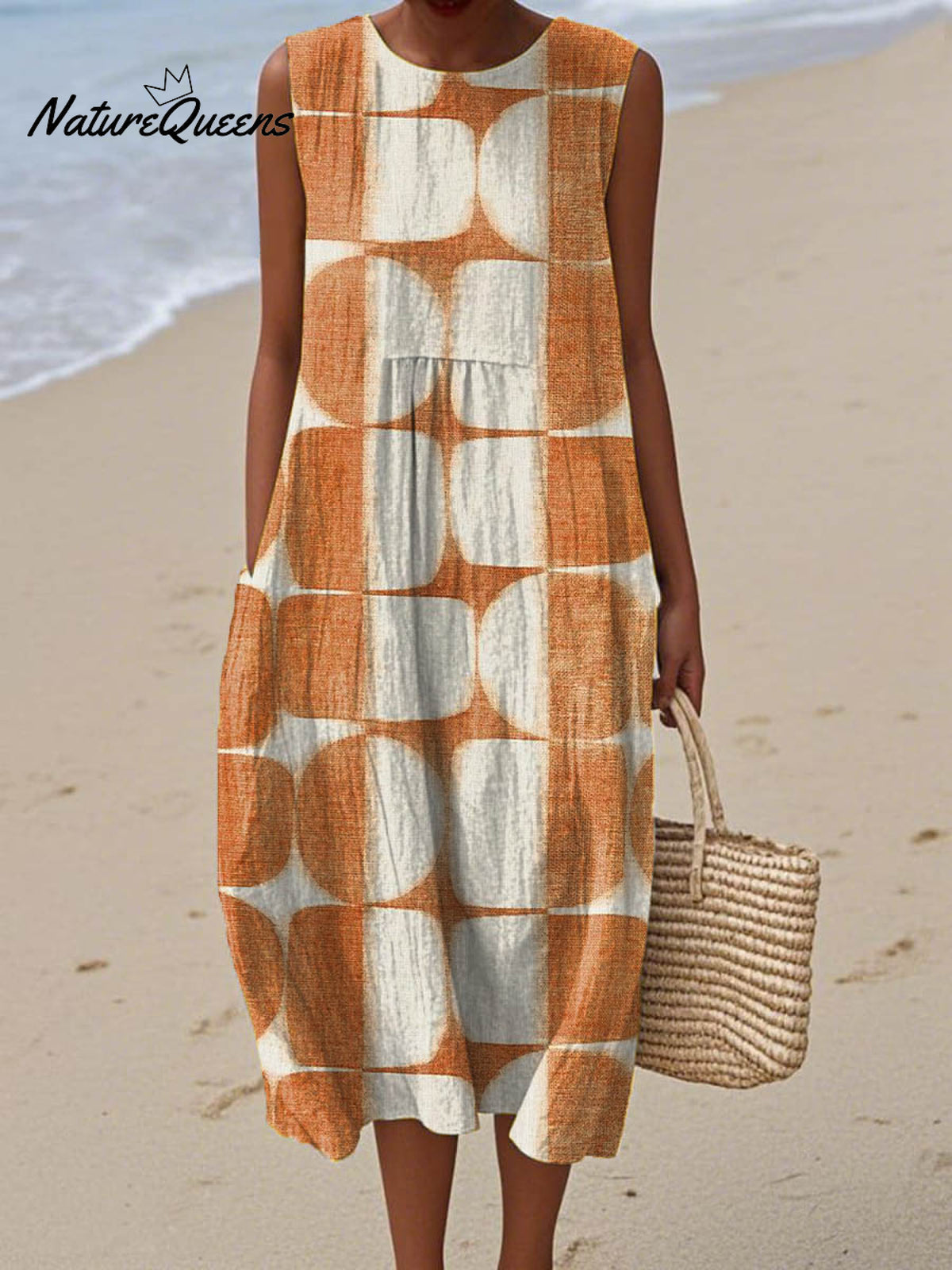 Women's Abstract Geometric Pattern Art Print Sleeveless Cotton Pocket Wrap Dress