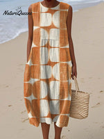 Women's Abstract Geometric Pattern Art Print Sleeveless Cotton Pocket Wrap Dress