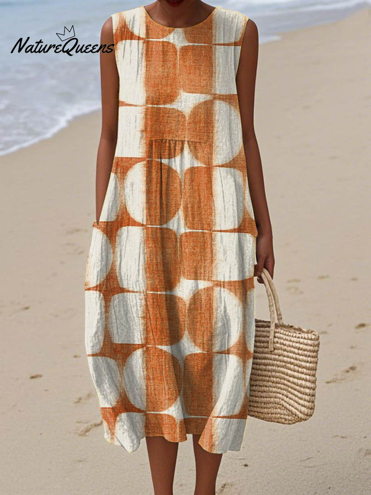 Women's Abstract Geometric Pattern Art Print Sleeveless Cotton Pocket Wrap Dress