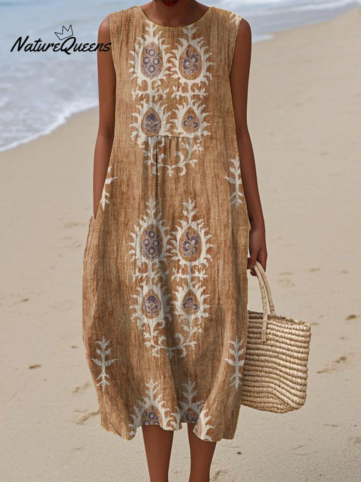 Women's Vintage Ethnic Pattern Art Print Sleeveless Cotton Pocket Wrap Dress