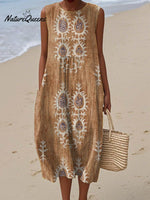 Women's Vintage Ethnic Pattern Art Print Sleeveless Cotton Pocket Wrap Dress