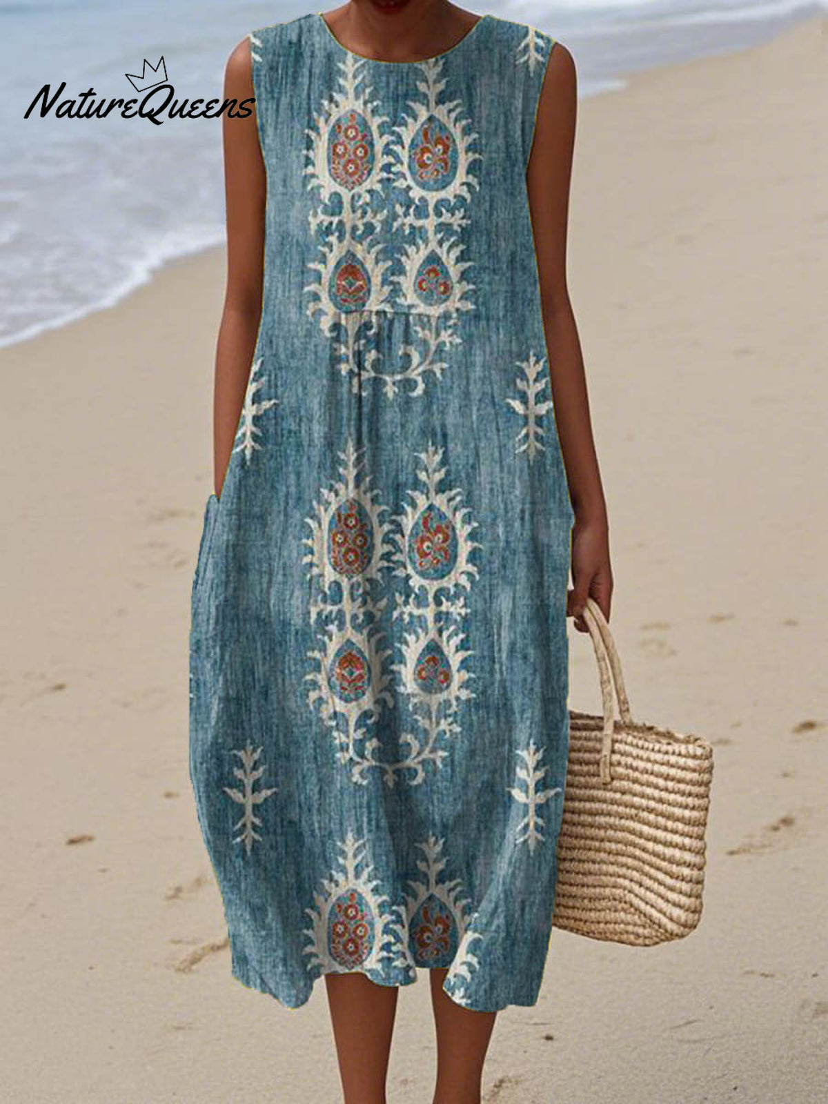 Women's Vintage Ethnic Pattern Art Print Sleeveless Cotton Pocket Wrap Dress