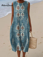 Women's Vintage Ethnic Pattern Art Print Sleeveless Cotton Pocket Wrap Dress