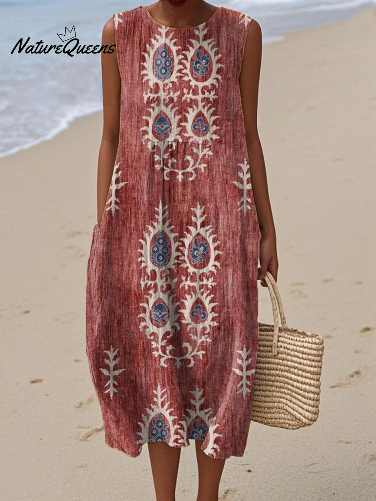 Women's Vintage Ethnic Pattern Art Print Sleeveless Cotton Pocket Wrap Dress