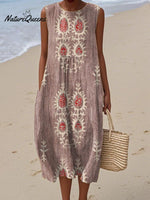 Women's Vintage Ethnic Pattern Art Print Sleeveless Cotton Pocket Wrap Dress