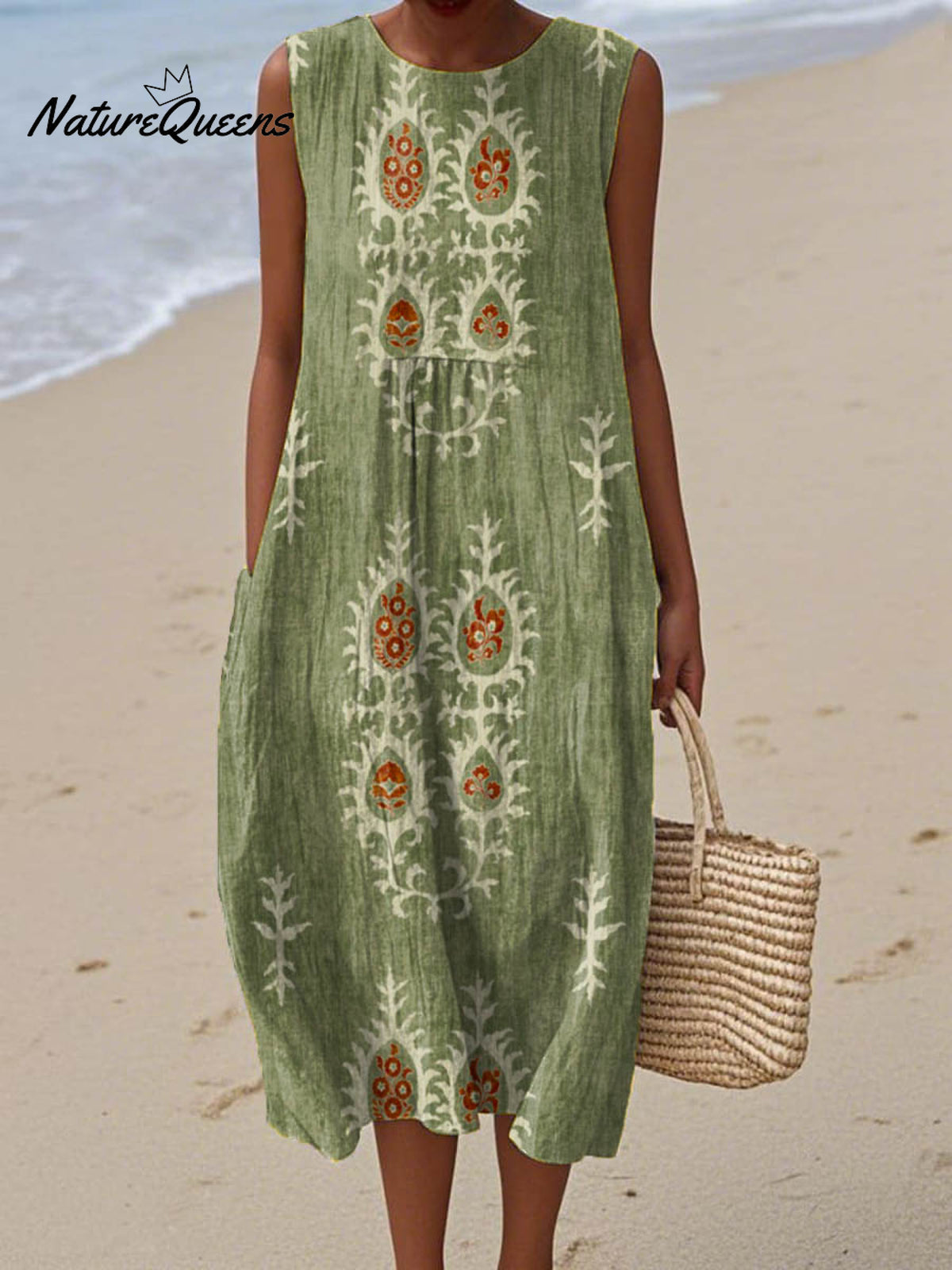 Women's Vintage Ethnic Pattern Art Print Sleeveless Cotton Pocket Wrap Dress