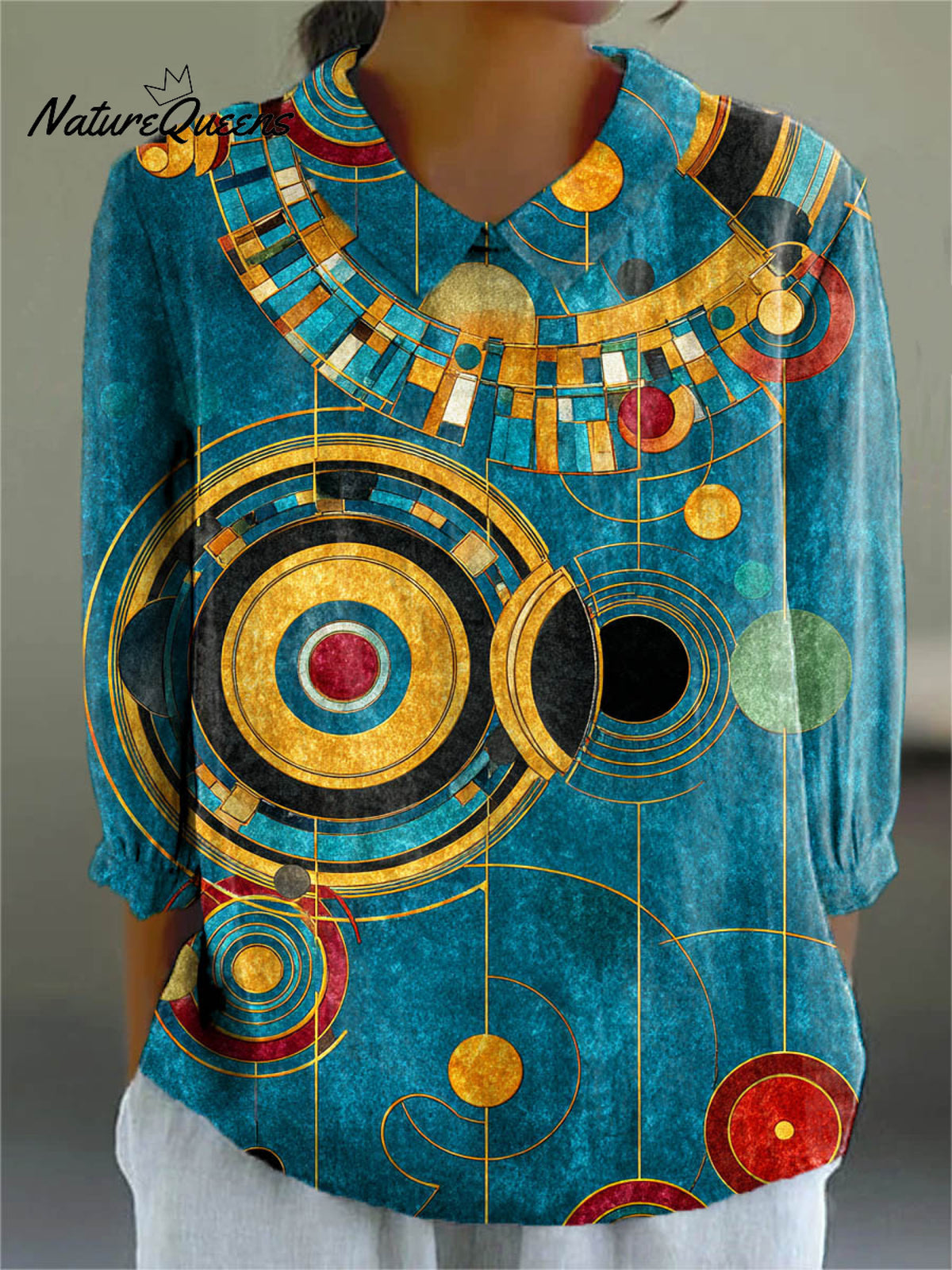 Women's Abstract Geometric Pattern Art Print Casual Cotton And Linen 3/4 Sleeve Shirt