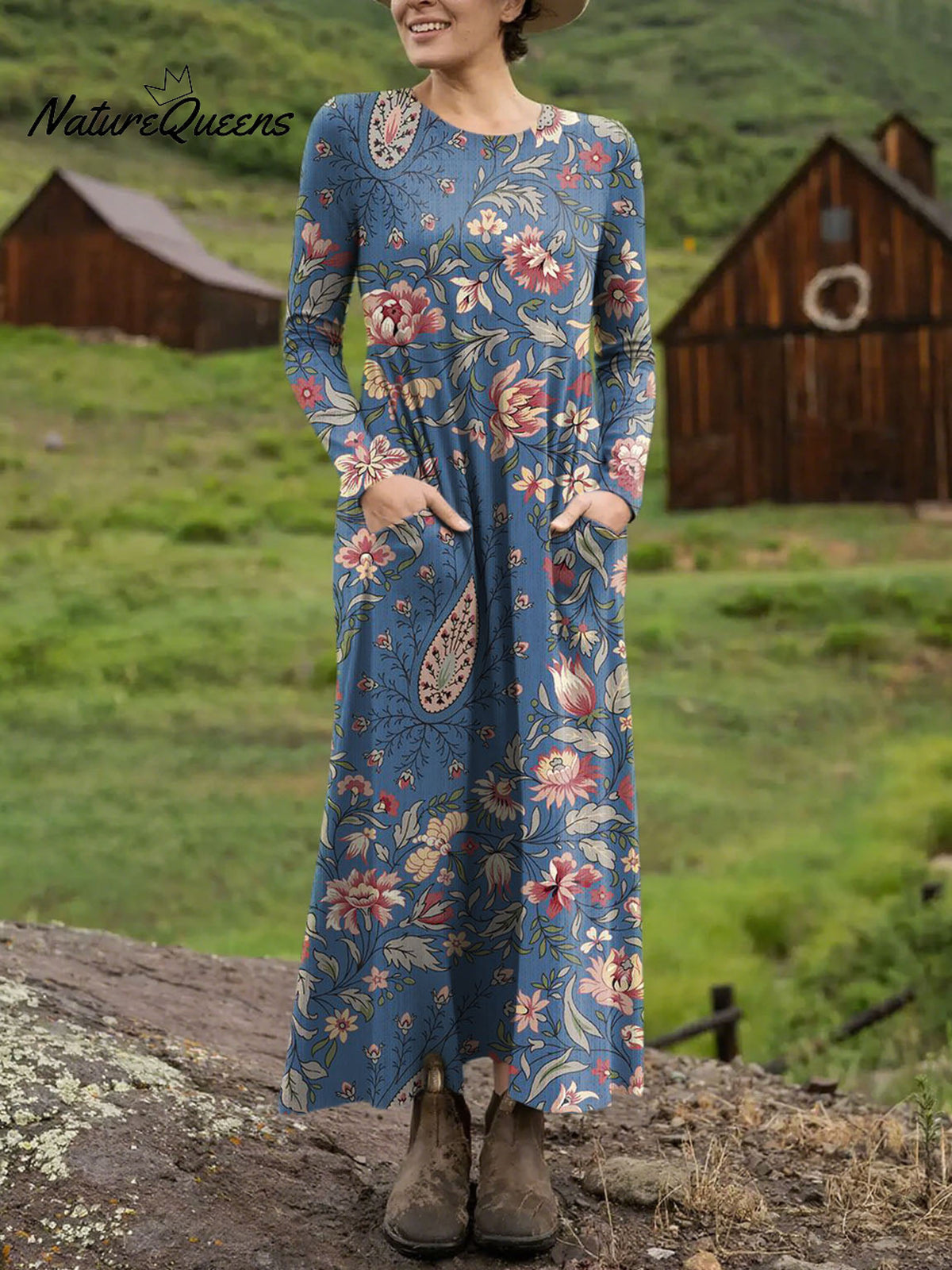 Women's Retro Floral Pattern Art Print Long-sleeved Dress