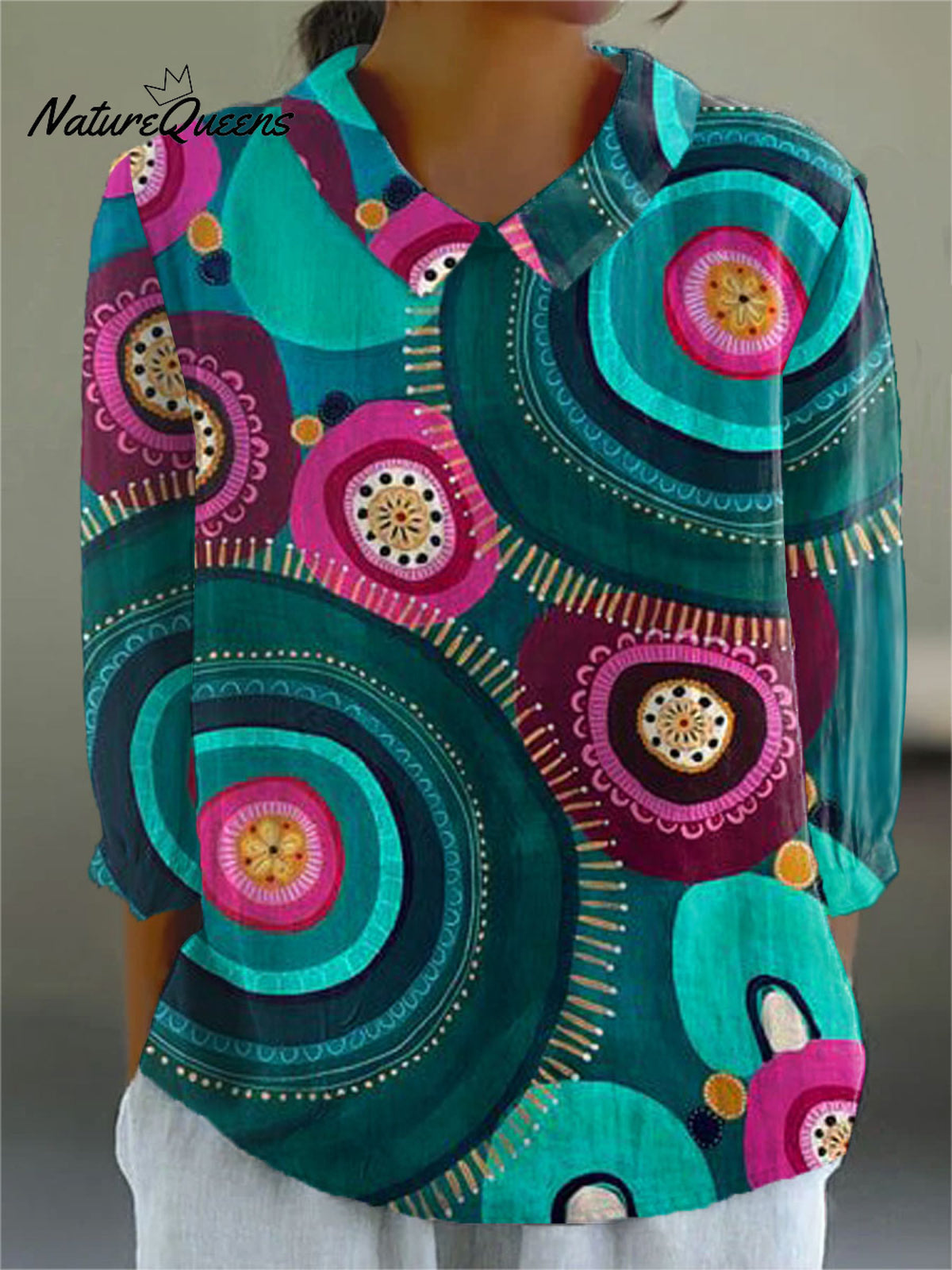 Women's VintageFlower Art Print Casual Cotton And Linen 3/4 Sleeve Shirt