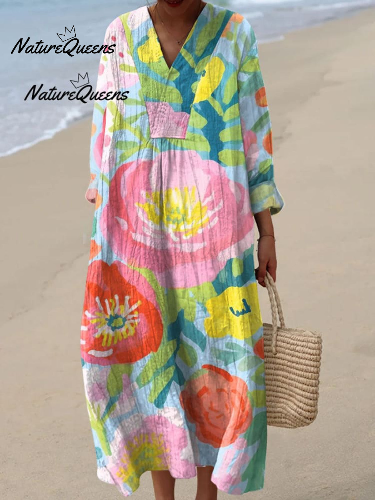 Women'sFloral Art Print Casual Linen V-neck Shirt