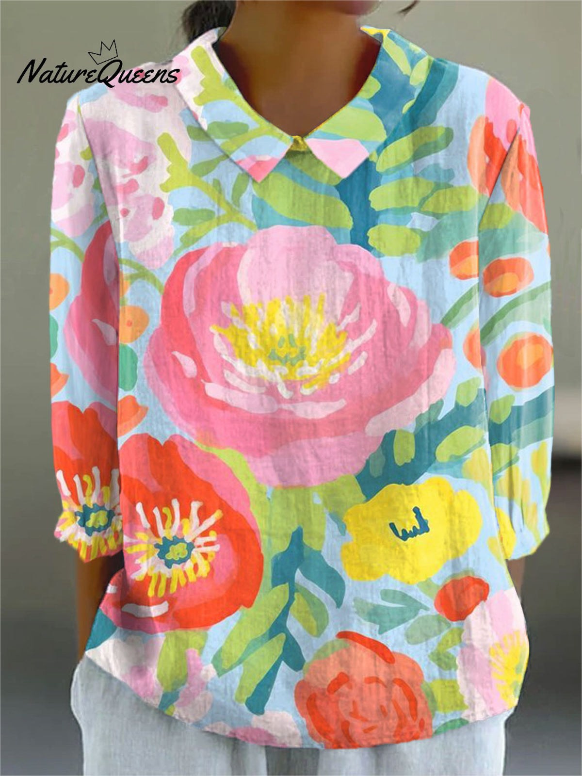 Women's Watercolor Floral Pattern Print Casual Cotton And Linen 3/4 Sleeve Shirt