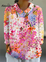 Women's Pastoral Flower Art Print Casual Cotton And Linen 3/4 Sleeve Shirt