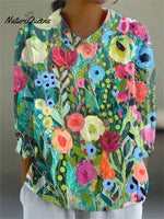 Women's Vintage Flower Print Casual Cotton And Linen Shirt
