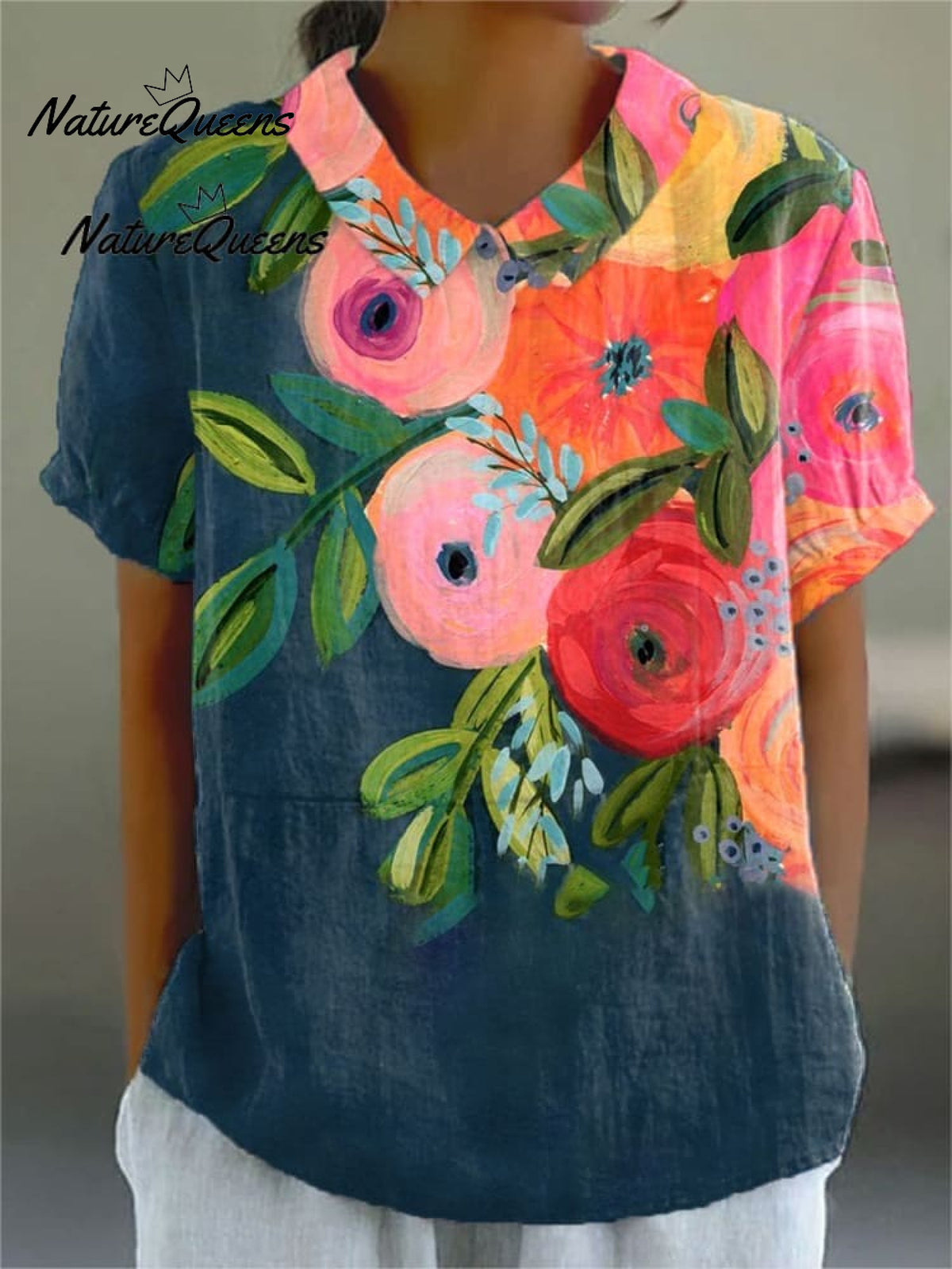 Women'sVintage Flowers Art Print Casual Linen V-neck Shirt