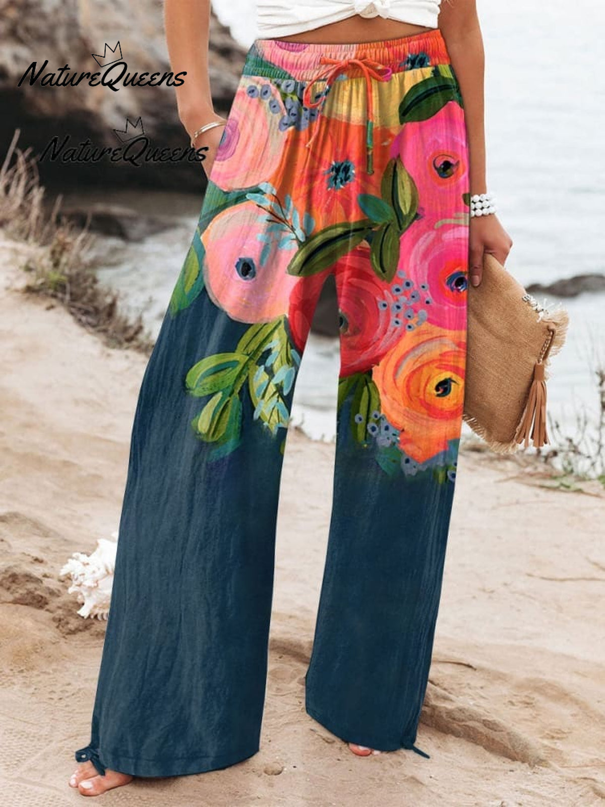 Women'sVintage Flowers Art Print Casual Linen V-neck Shirt