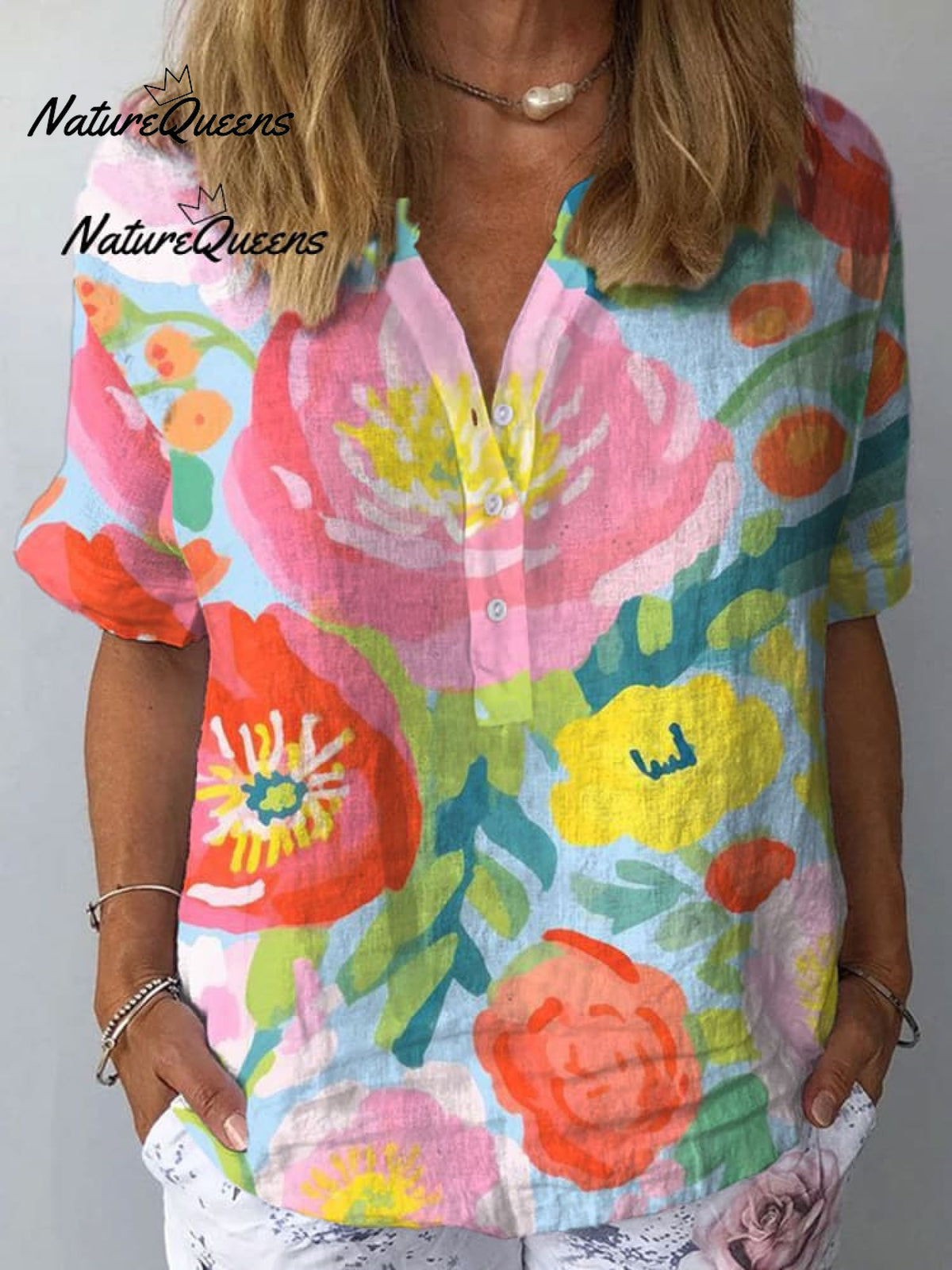 Women'sFloral Art Print Casual Linen V-neck Shirt