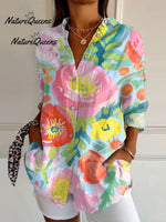 Women'sFloral Art Print Casual Linen V-neck Shirt
