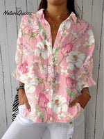 Women'sVintage Floral Art Print Casual Linen V-neck Shirt