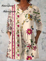 Women'sBoho Flowers Art Print Casual Linen V-neck Shirt
