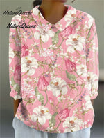 Women Vintage Flowers Art Print Loose Top Peter Pan Collar Half Sleeve Blouses