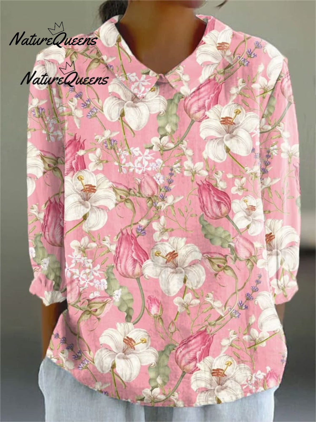 Women'sVintage Floral Art Print Casual Linen V-neck Shirt