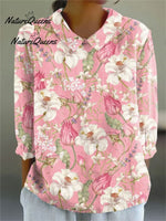 Women'sVintage Floral Art Print Casual Linen V-neck Shirt