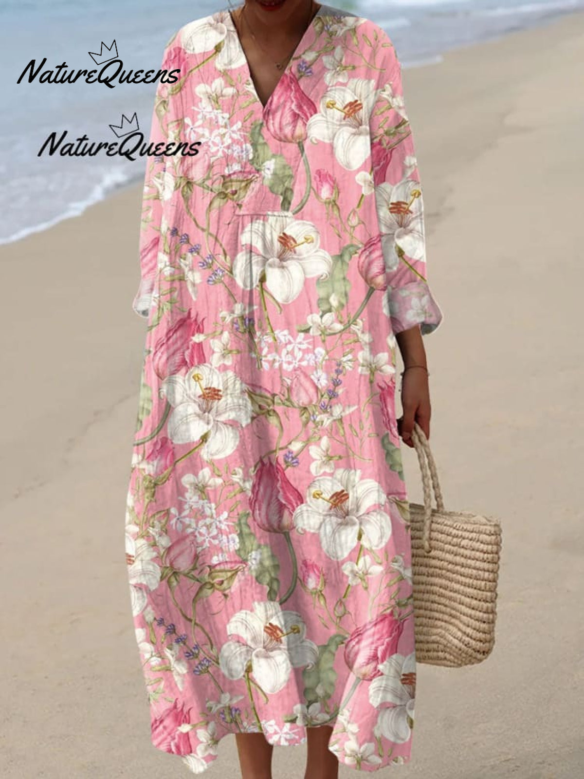 Women'sVintage Floral Art Print Casual Linen V-neck Shirt