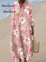 Women'sVintage Floral Art Print Casual Linen V-neck Shirt