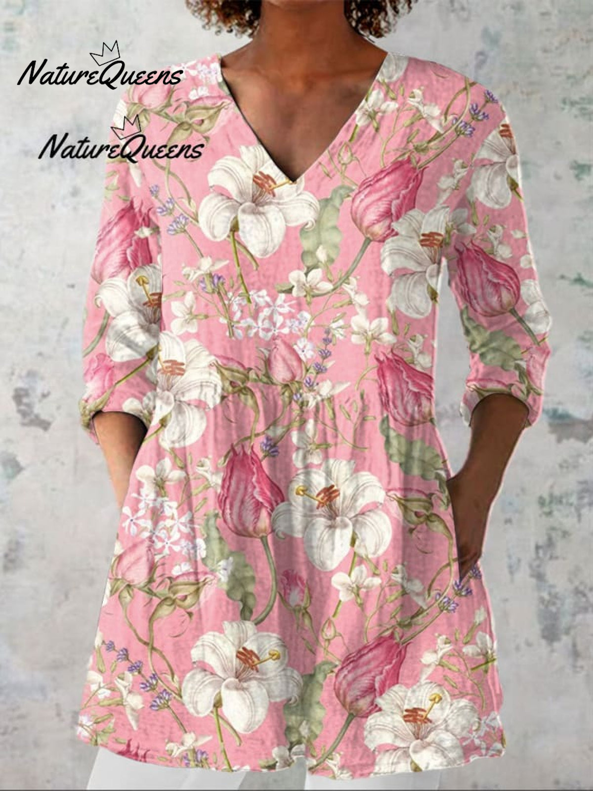Women'sVintage Floral Art Print Casual Linen V-neck Shirt