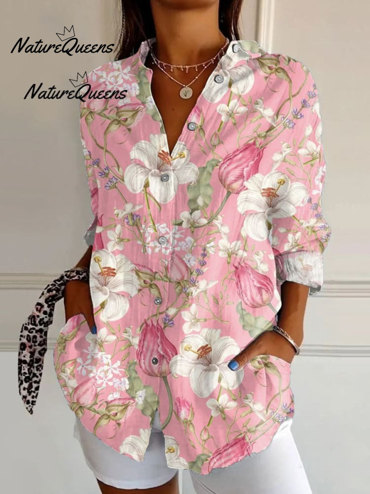 Women'sVintage Floral Art Print Casual Linen V-neck Shirt