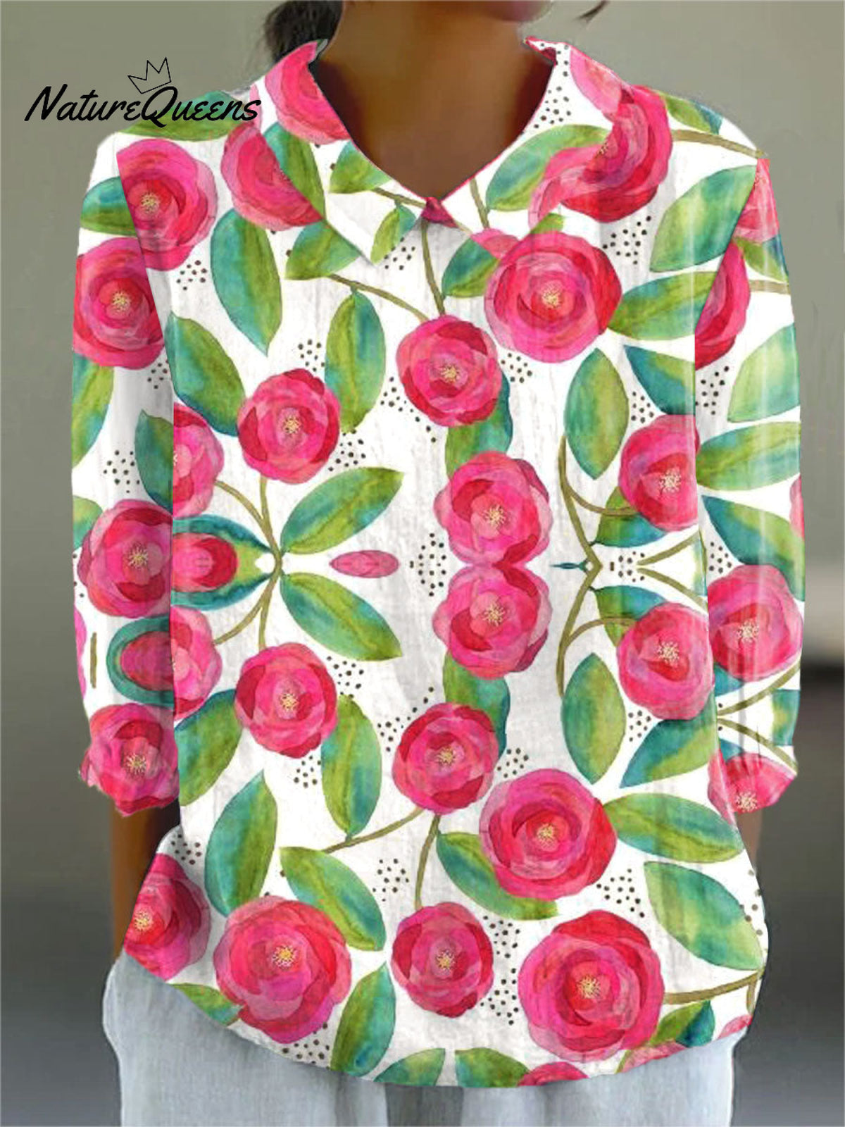 Women's VintageFlowersPrint Casual Cotton And Linen 3/4 Sleeve Shirt