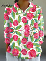 Women's VintageFlowersPrint Casual Cotton And Linen 3/4 Sleeve Shirt