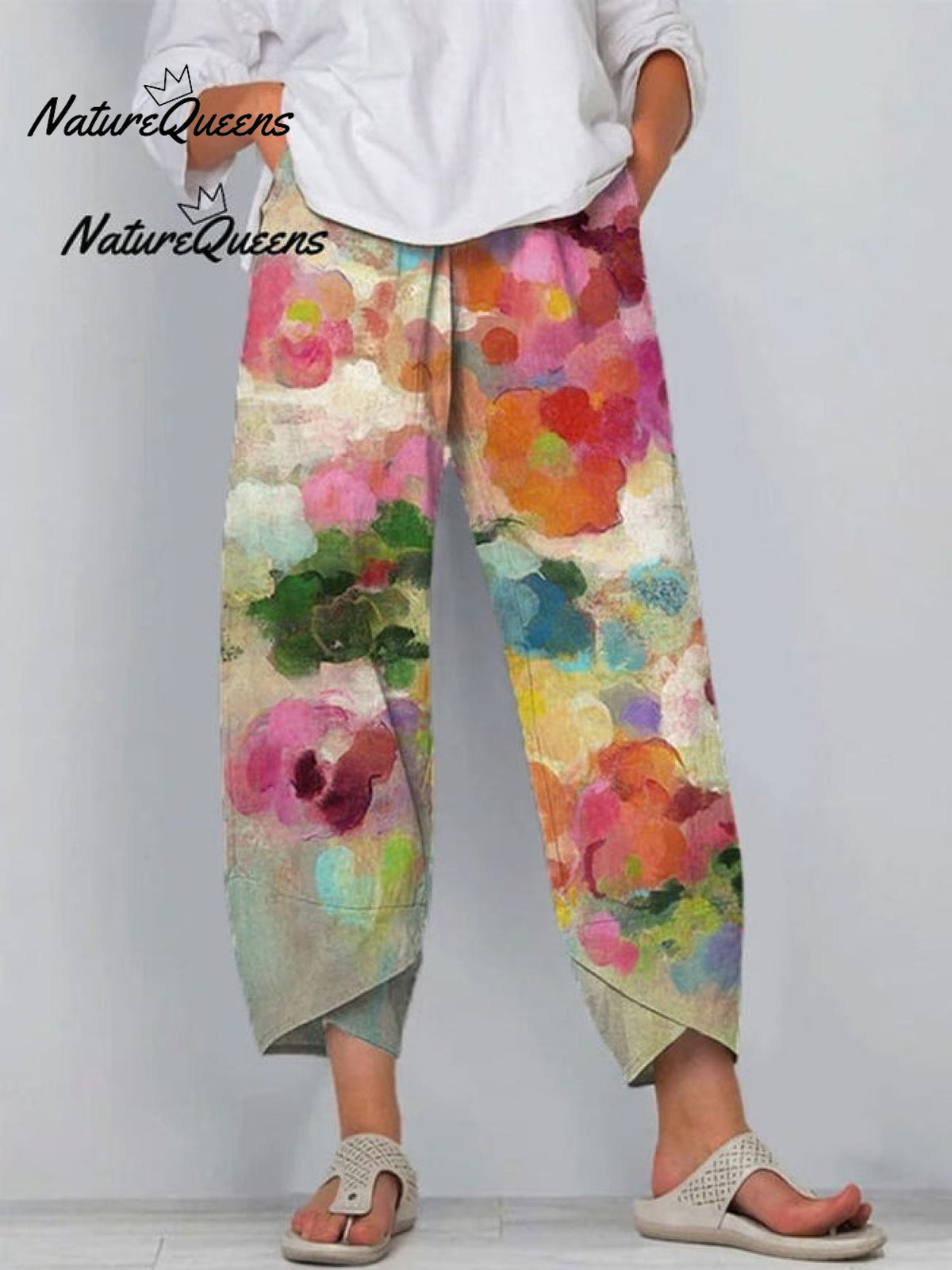 Women's Vintage Flowers ArtPrint Casual Linen V-neck Shirt