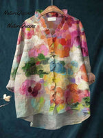 Women's Vintage Flowers ArtPrint Casual Linen V-neck Shirt
