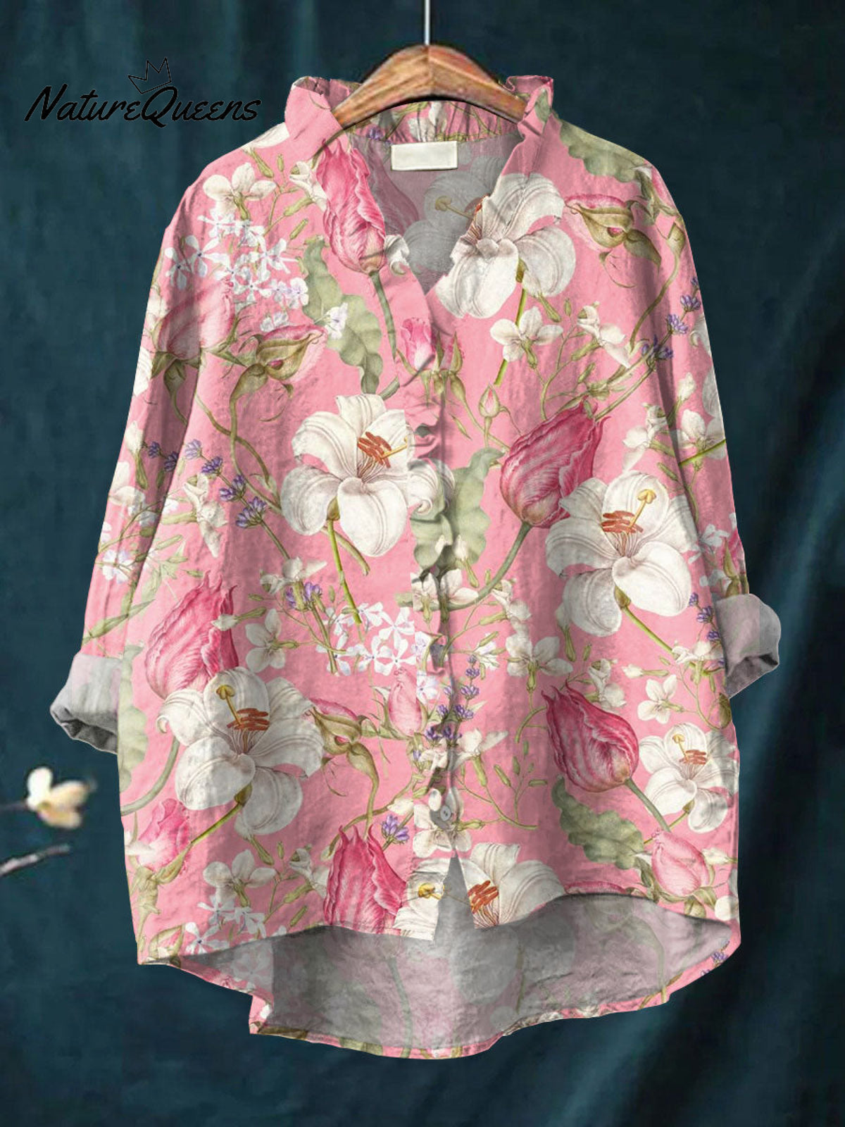 Women'sVintage Flowers ArtPrint Casual Cotton And Linen Ruffle Shirt
