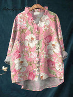 Women'sVintage Flowers ArtPrint Casual Cotton And Linen Ruffle Shirt