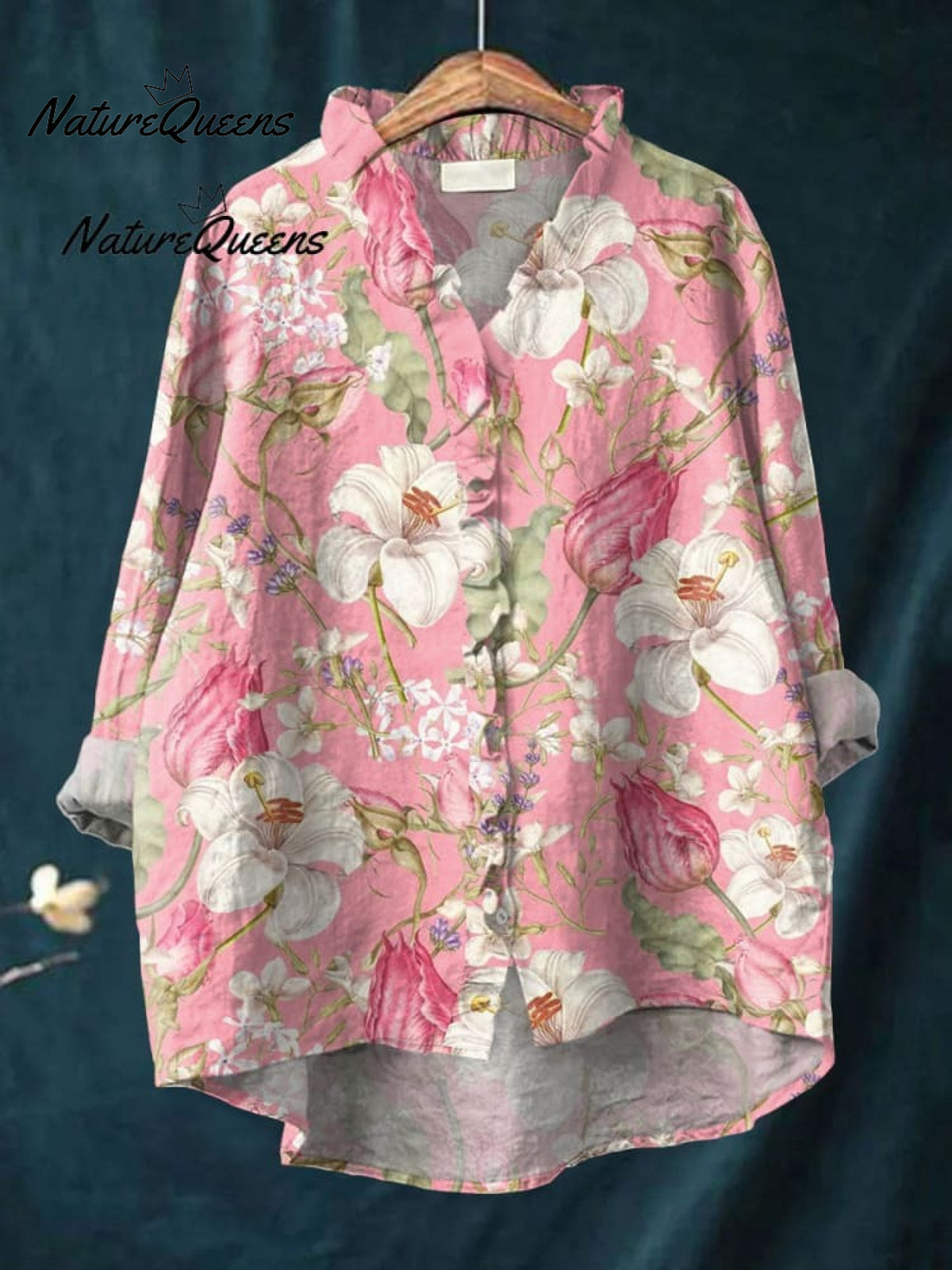 Women'sVintage Floral Art Print Casual Linen V-neck Shirt