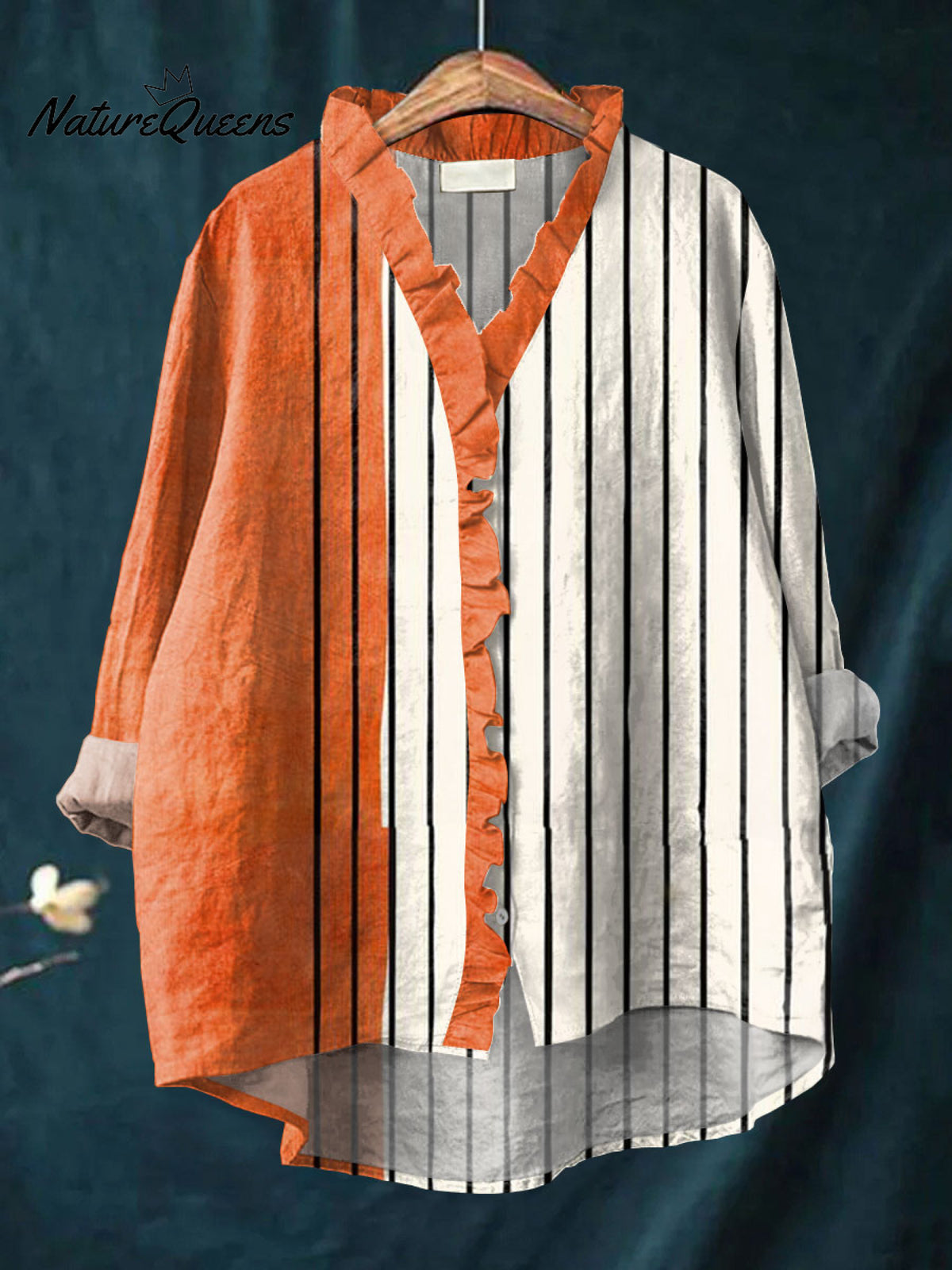 Women'sVintage Abstract Geometric ArtPrint Casual Cotton And Linen Ruffle Shirt