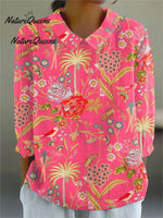 Women'sVintage Flowers Art Print Casual Linen V-neck Shirt