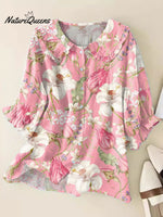 Women Vintage Flowers Art Print Loose Top Peter Pan Collar Half Sleeve Blouses