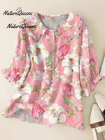 Women'sVintage Floral Art Print Casual Linen V-neck Shirt