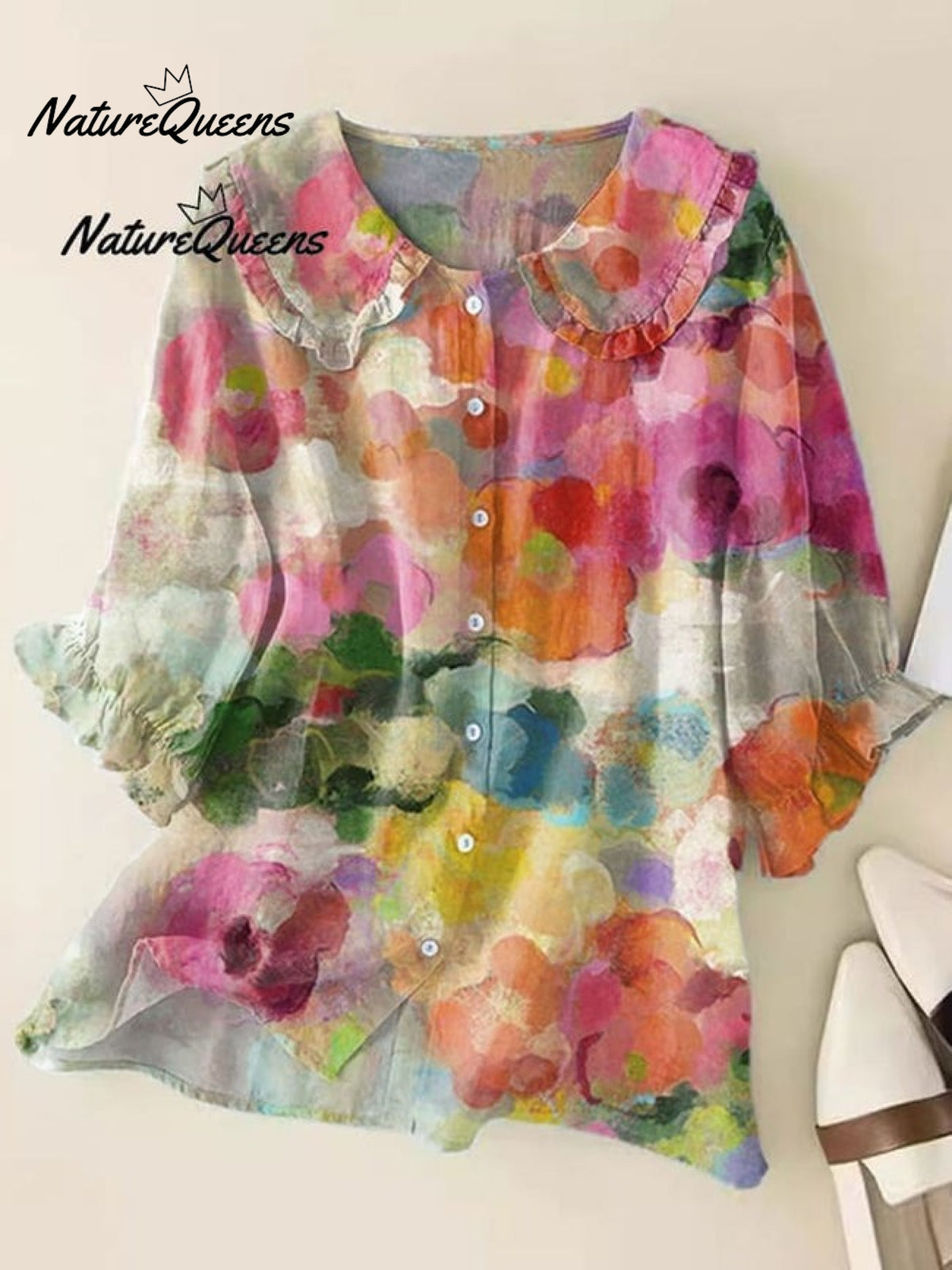 Women's Vintage Flowers ArtPrint Casual Linen V-neck Shirt