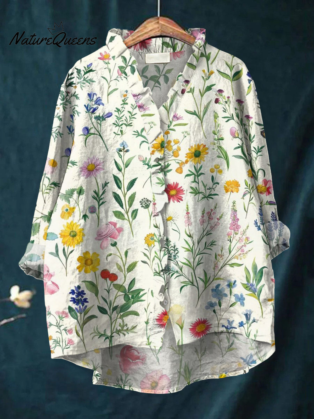 Women's VintageFlowers Art Print Casual Cotton And Linen Ruffle Shirt
