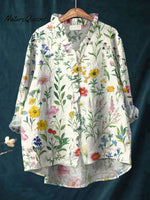 Women's VintageFlowers Art Print Casual Cotton And Linen Ruffle Shirt