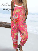 Women'sVintage Flowers Art Print Casual Linen V-neck Shirt