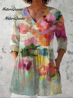 Women'sFloral Art Print Casual Cotton And Linen 3/4 Sleeve Shirt