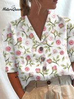 Women'sVintage Floral art Print Casual Cotton And Linen Shirt
