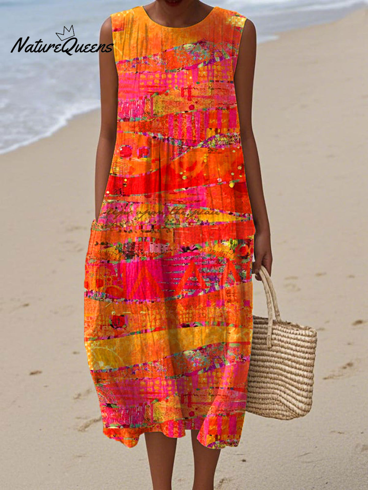 Women's Vintage Abstract GeometryArt Print Sleeveless Cotton Pocket Wrap Dress